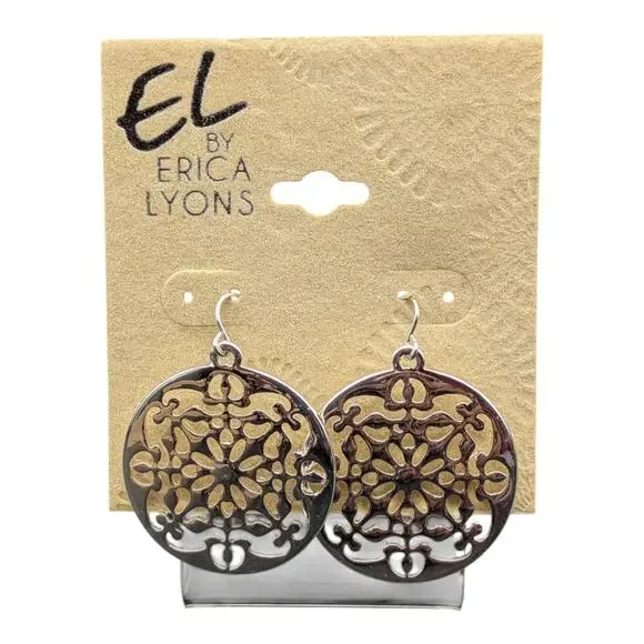 EL by Erica Lyons Silver Tone Filigree Drop Earrings Round Boho Dangle NWT - Picture 3 of 11